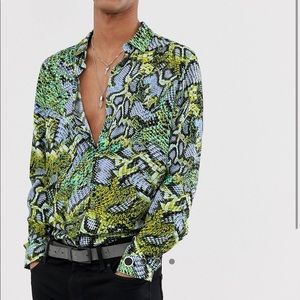 ASOS Green and Yellow Snake Print Casual Button Down Shirt